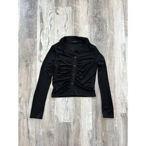 Saints 21 Women's Black Mesh Ruched Long Sleeve Collared Button Up Stretch Top L